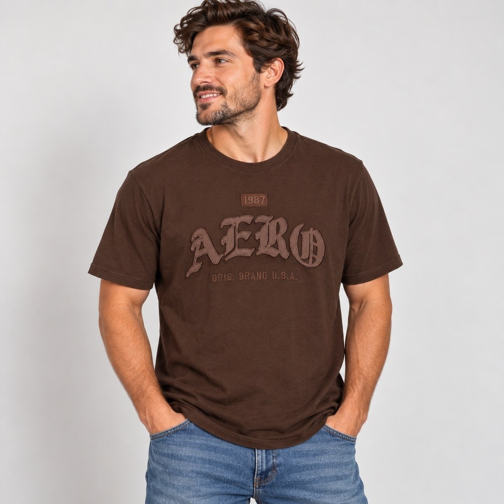 Aeropostale Aero 1987 T Shirt Mens M Brown Applique Embroidered Logo Y2K Style